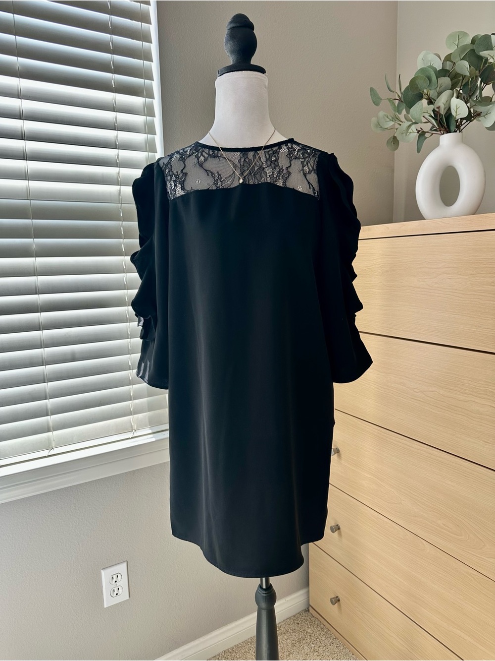 Zara Black Lace-Yoke Ruffle Sleeve Tunic Dress